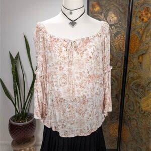 Boho Floral Peasant Top Cream‎ Rayon Tie Front Status by Chenault Fairycore M